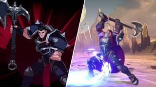 Darius, as he appears in 2XKO - wiedling a large axe and spiked, Barbarian-inspired armour, in two images.