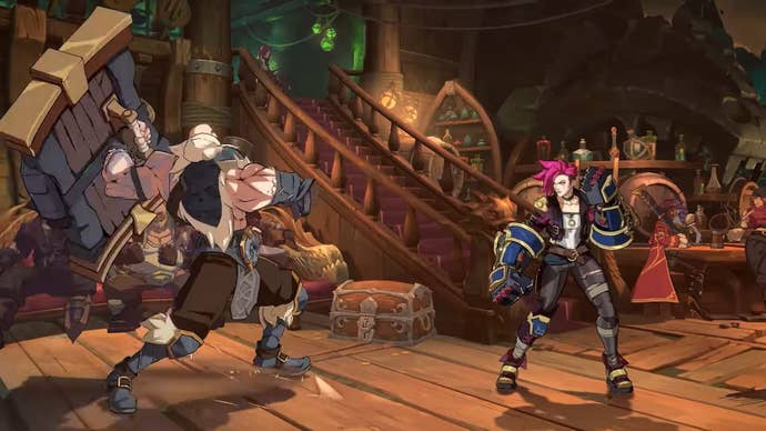 Vi faces off against an opponent in a bar.
