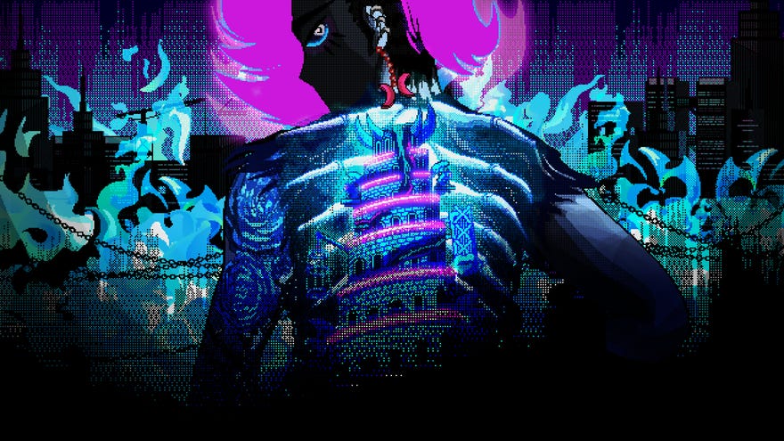 Dani, the protagonist of Ascending Inferno, pictured from behind with the nine levels of hell projected on the back of her Goth jacket