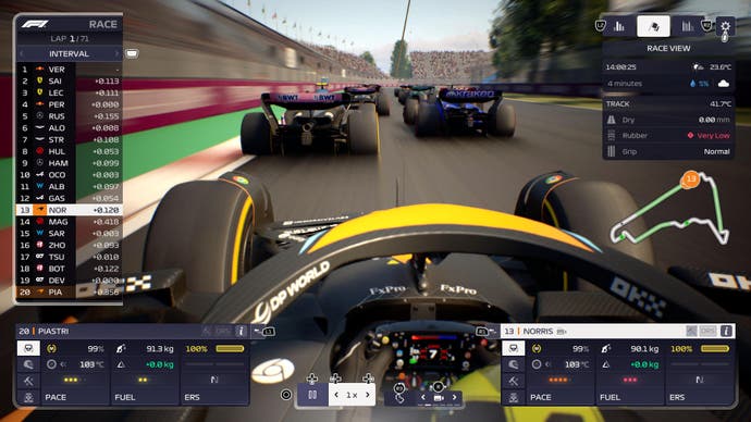 F1 Manager 2023 review screenshot, overhead camera for Lando Norris showing an Alpine and Williams ahead.