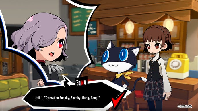 Another conversation moment in Persona 5 Tactica. A cat character and a feminine character in a cafe of some sort, talk to a grey-haired feminine character - Erin - whose face is spotlighted in a jaggedy edged comic panel box.