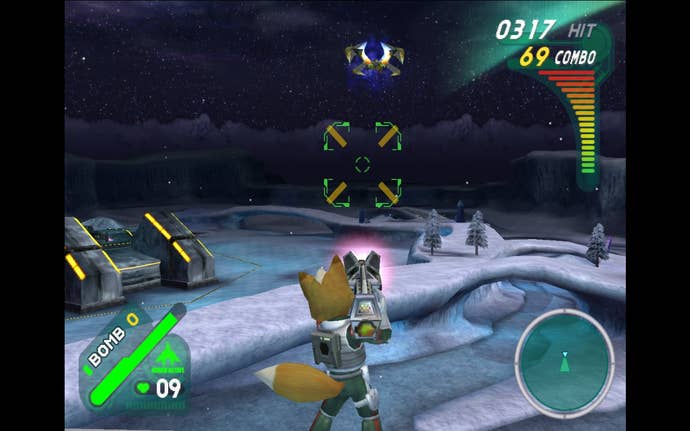 Star Fox Assault screenshot, Fox McCloud aiming his gun while standing on a flying Arwing’s wing on a snowy planet.