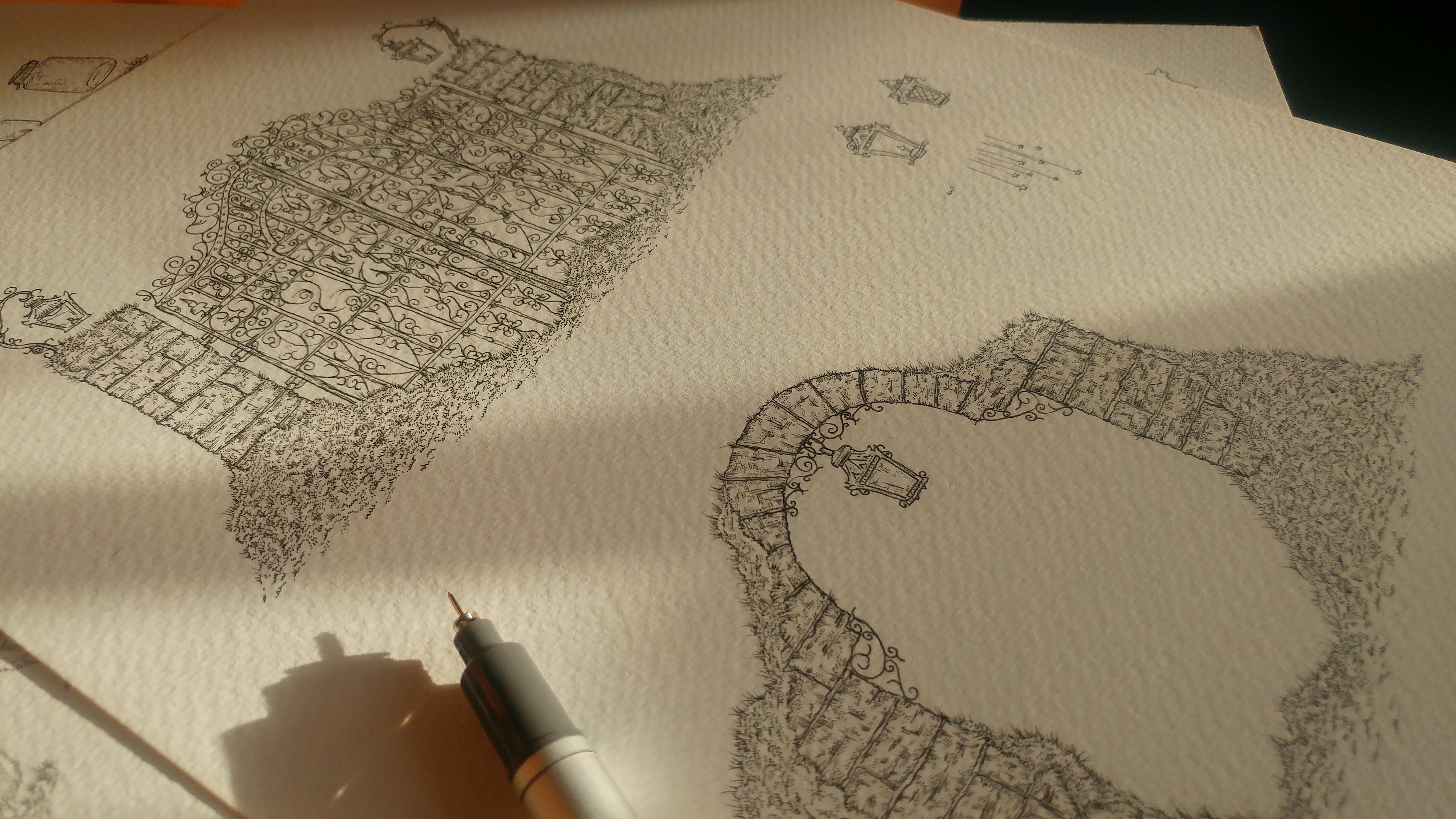 The Collage Atlas concept art, shows a pen hovering over a drawing.