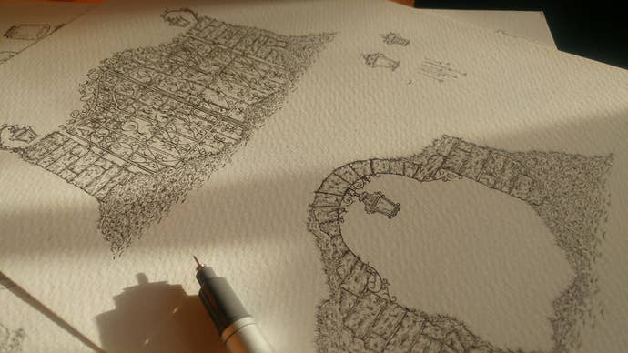 The Collage Atlas concept art, shows a pen hovering over a drawing.