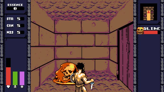 A hero attacks a slime in a 3D dungeon in UFO 50.