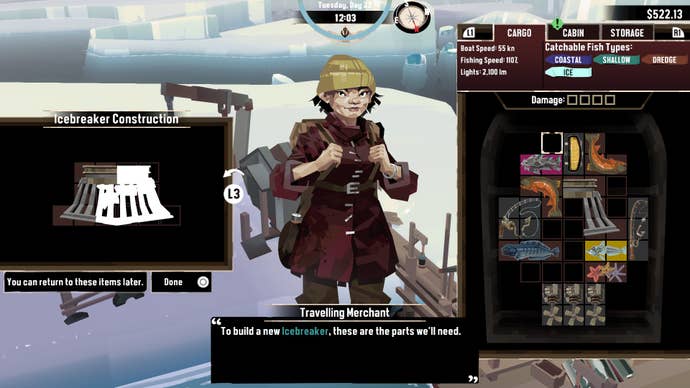 A conversation with a character in Dredge’s Pale Reach DLC