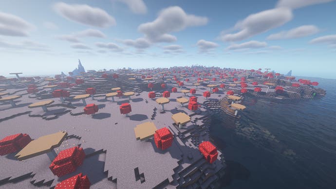 Ein riesiges Mooshroom-Island-Biom in Minecraft, umgeben vom Meer.