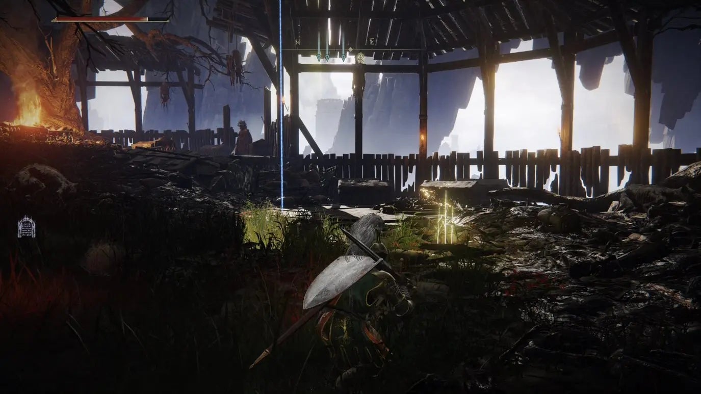 A warrior creeps up on two sleeping dogs in the Village of the Albinaurics in Elden Ring.