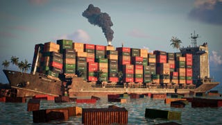 A marooned shipping container stacked high with colourful shipping crates. Smoke plumes from the top of the stack where a tiny person can be seen waving their arms. They are stranded. They need help.