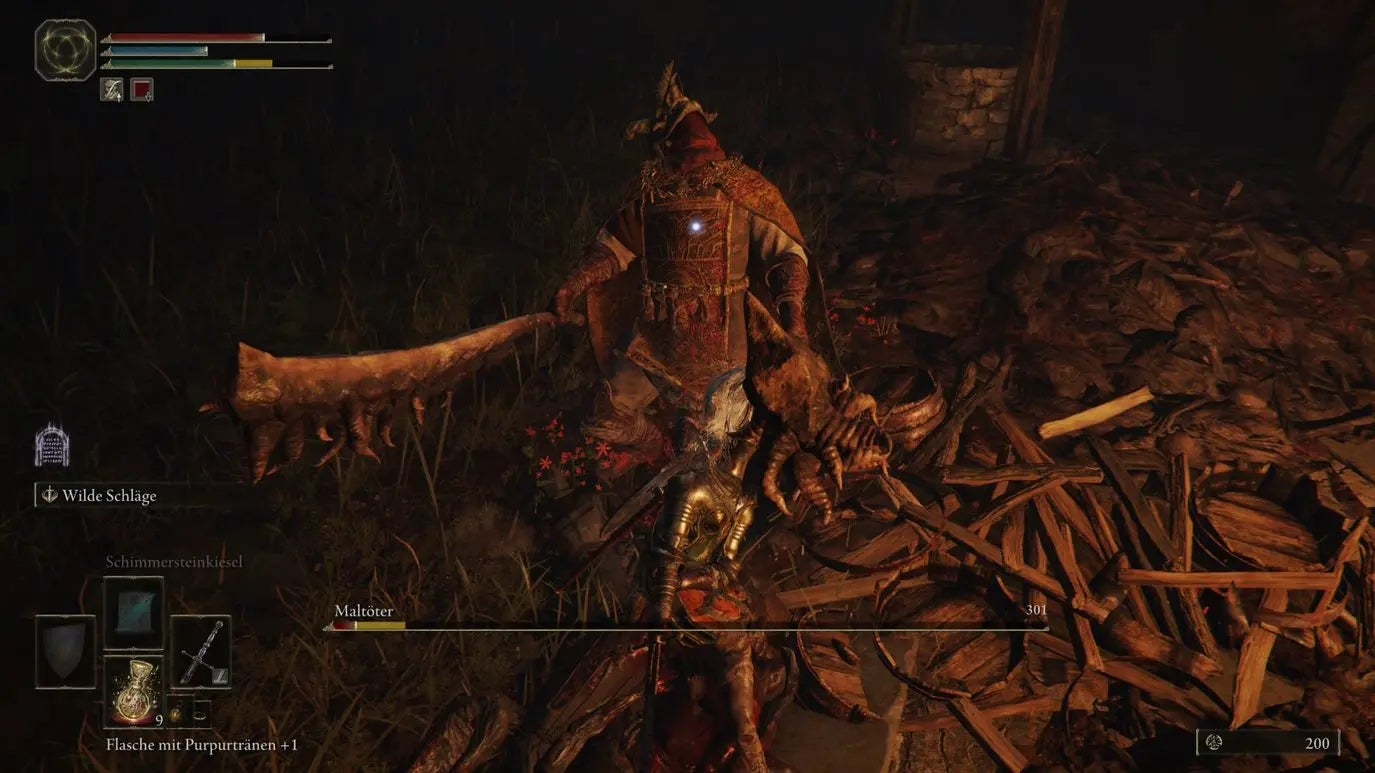 A warrior fights an Omen Killer in the Village of the Albinaurics in Elden Ring.