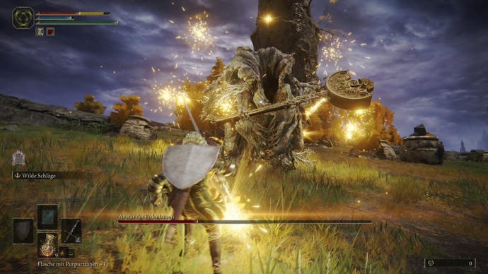 An Erdtree Avatar unleashes a lightning attack on a warrior in Elden Ring.