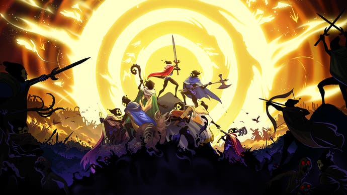 Concept art for 33 Immortals showing multiple characters in front of a large golden explosion