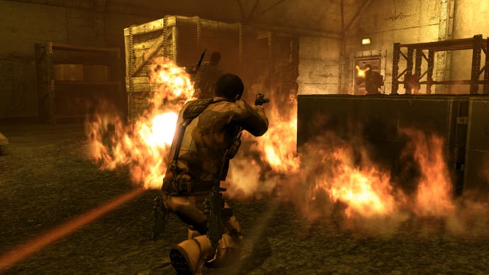Alpha Protocol screenshot showing player character crouching and aiming a pistol at enemies behind crates on fire