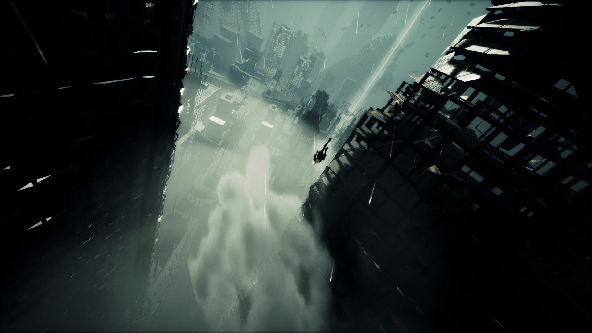 A person is falling through a ruined city in 34EVERLAST. - 1