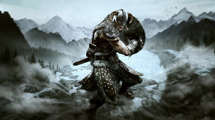 Artwork of the Dragonborne warrior from The Elder Scrolls V: Skyrim, readying their shield on a snowy mountaintop