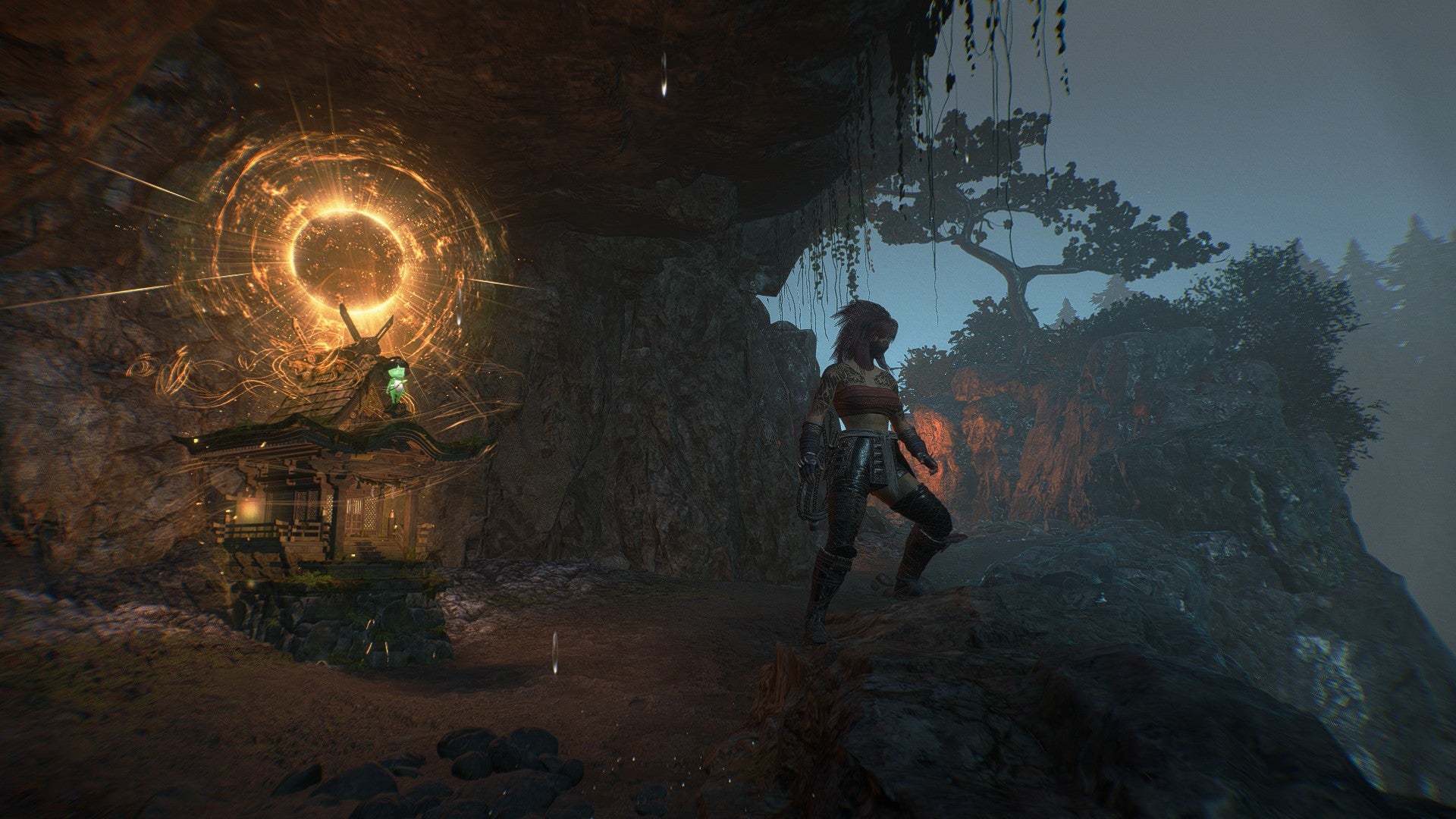 A Nioh 3 character stands on a cliff overlooking a save shrine glowing with radiant golden energy. - 1