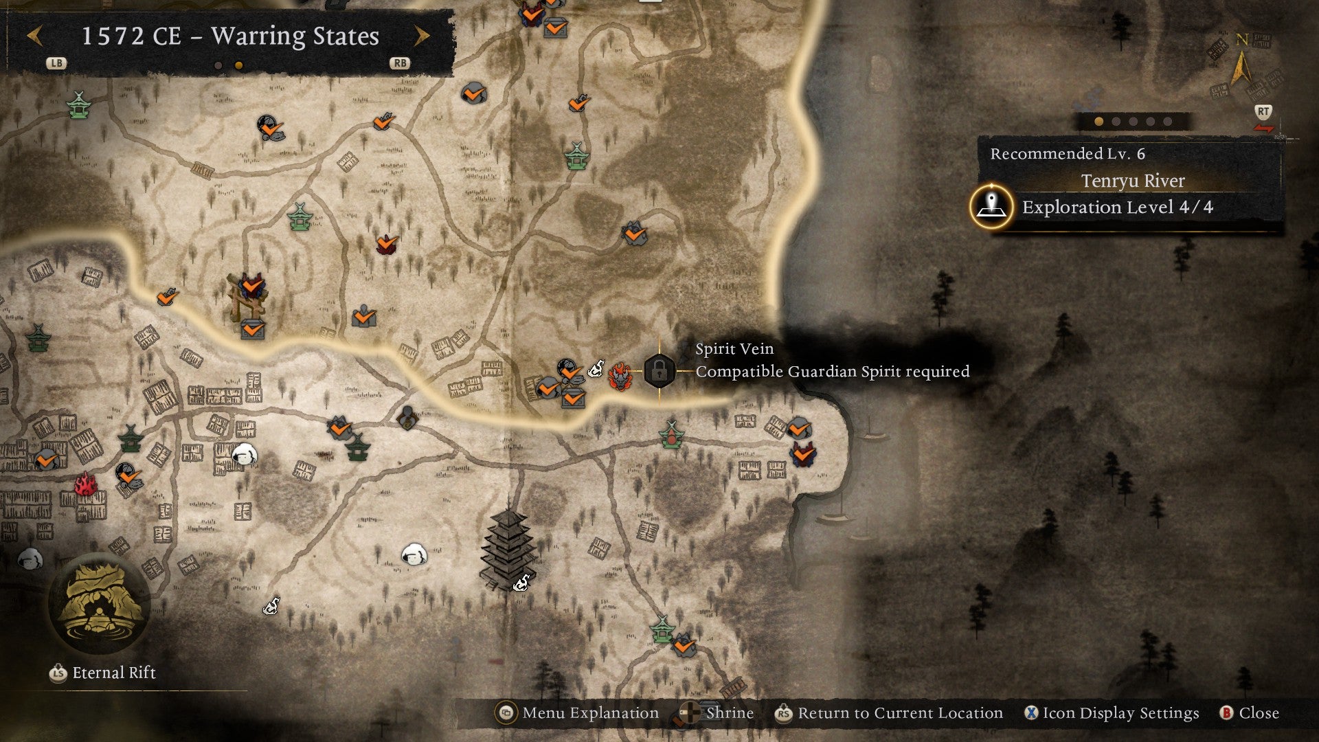 The map in Nioh 3, showing a Spirit Vein that cannot be bypassed since the appropriate Guardian Spirit has not yet been found. - 6