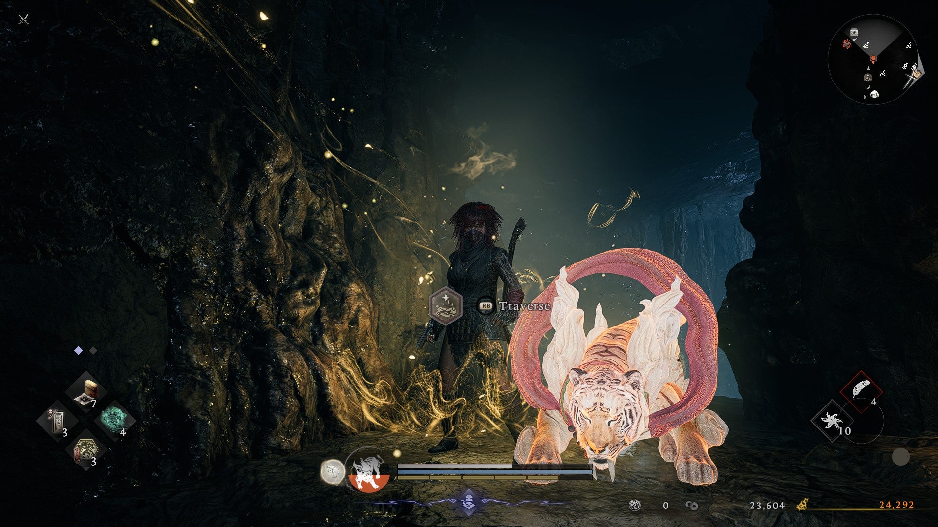 A player character in Nioh 3 stands in front of a Spirit Vein with their Guardian Spirit Enko. - 4