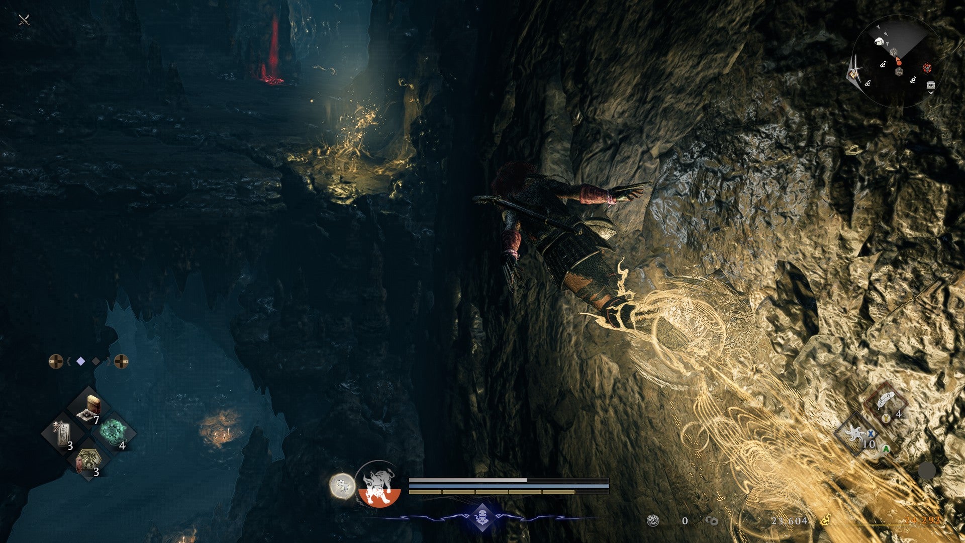 A character in Nioh 3 uses the power of their Guardian Spirit to run across a wall at a Spirit Vein point. - 5