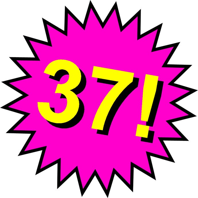 A comic book-style explosion containing the number 37.