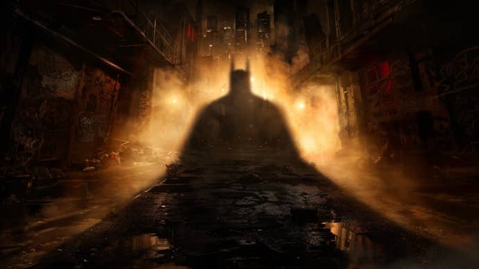 Batman’s silhouette in this Arkham Shadow artwork.