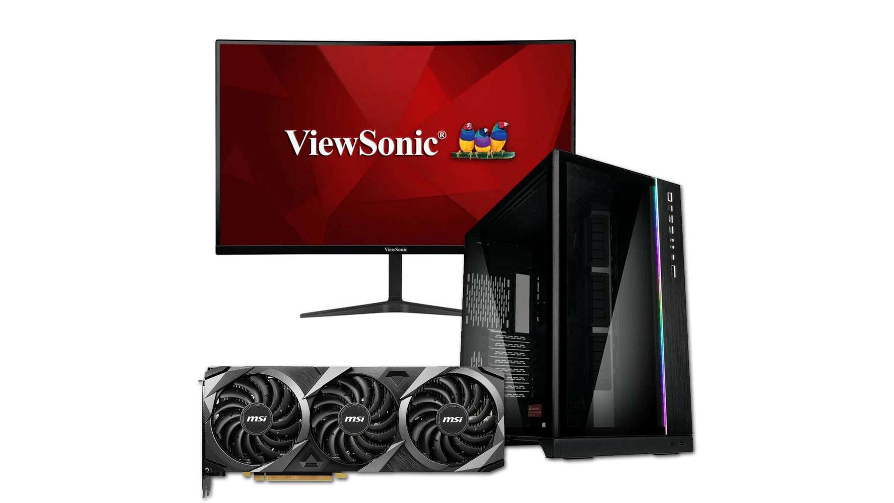 A ViewSonic monitor, MSI graphics card and unlabelled PC case