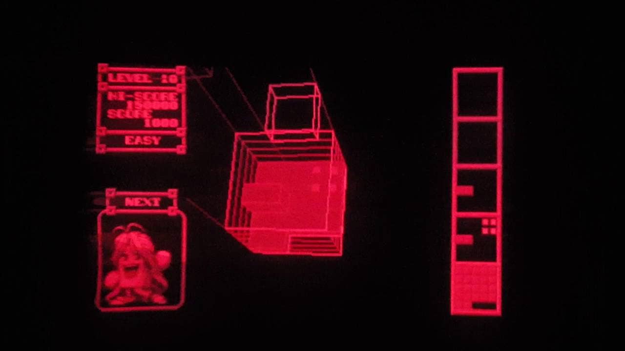 Red and black, the menu screen and tiles from a Virtual Boy screenshot of 3D Tetris.
