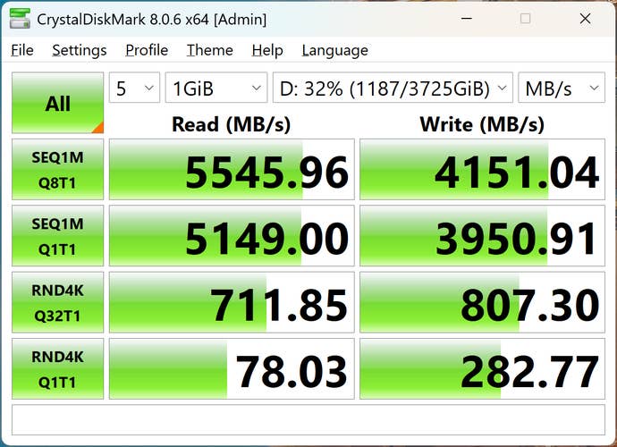 crystaldiskmark results for wd sn5000 4tb