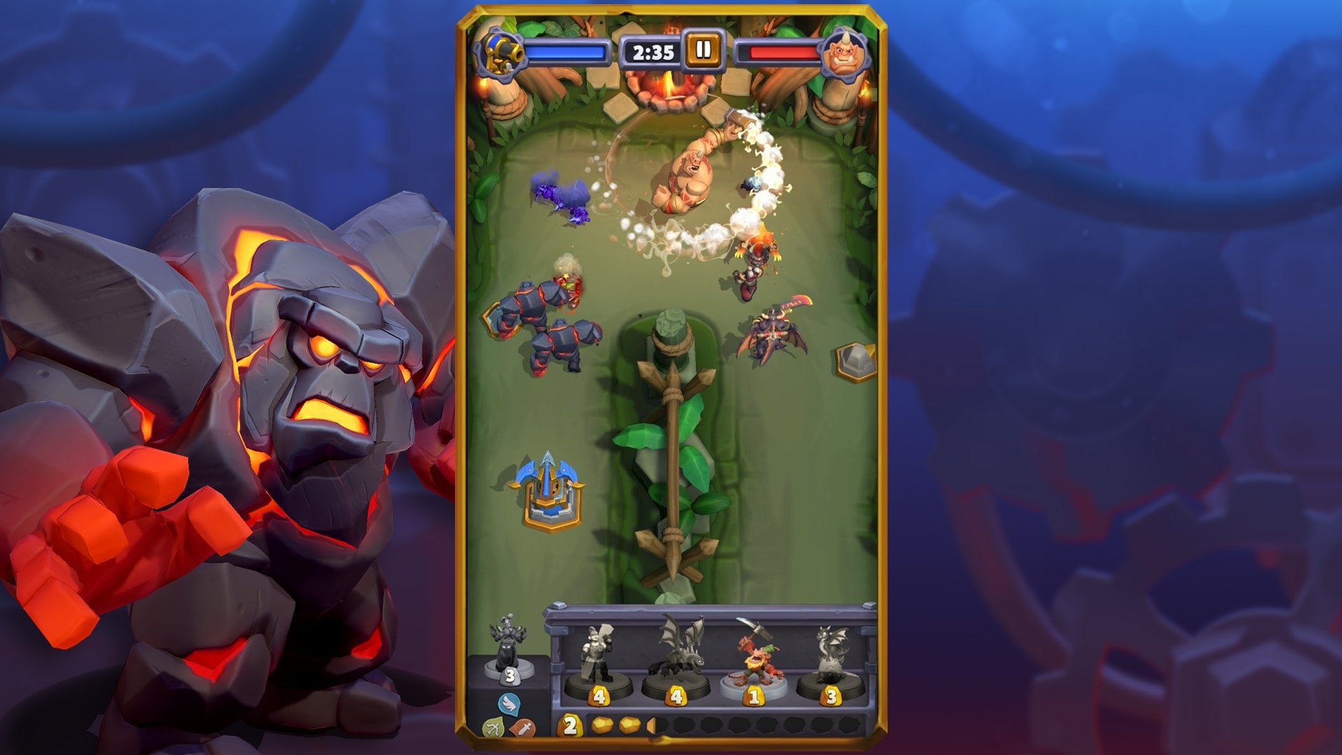 A screenshot from Warcraft Rumble showing the player&rsquo;s army following a U-shaped path, viewed from above, and tackling enemies along the way.