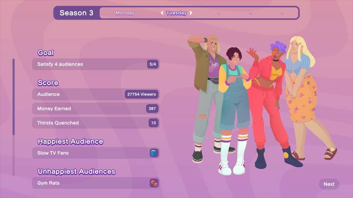 An end-of-episode ratings screen in reality TV show The Crush House, with cast member pictures displayed alongside the stats