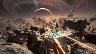 An asteroid field with a ship streaking across it towards a distant ringed planet in space shooter Chorus