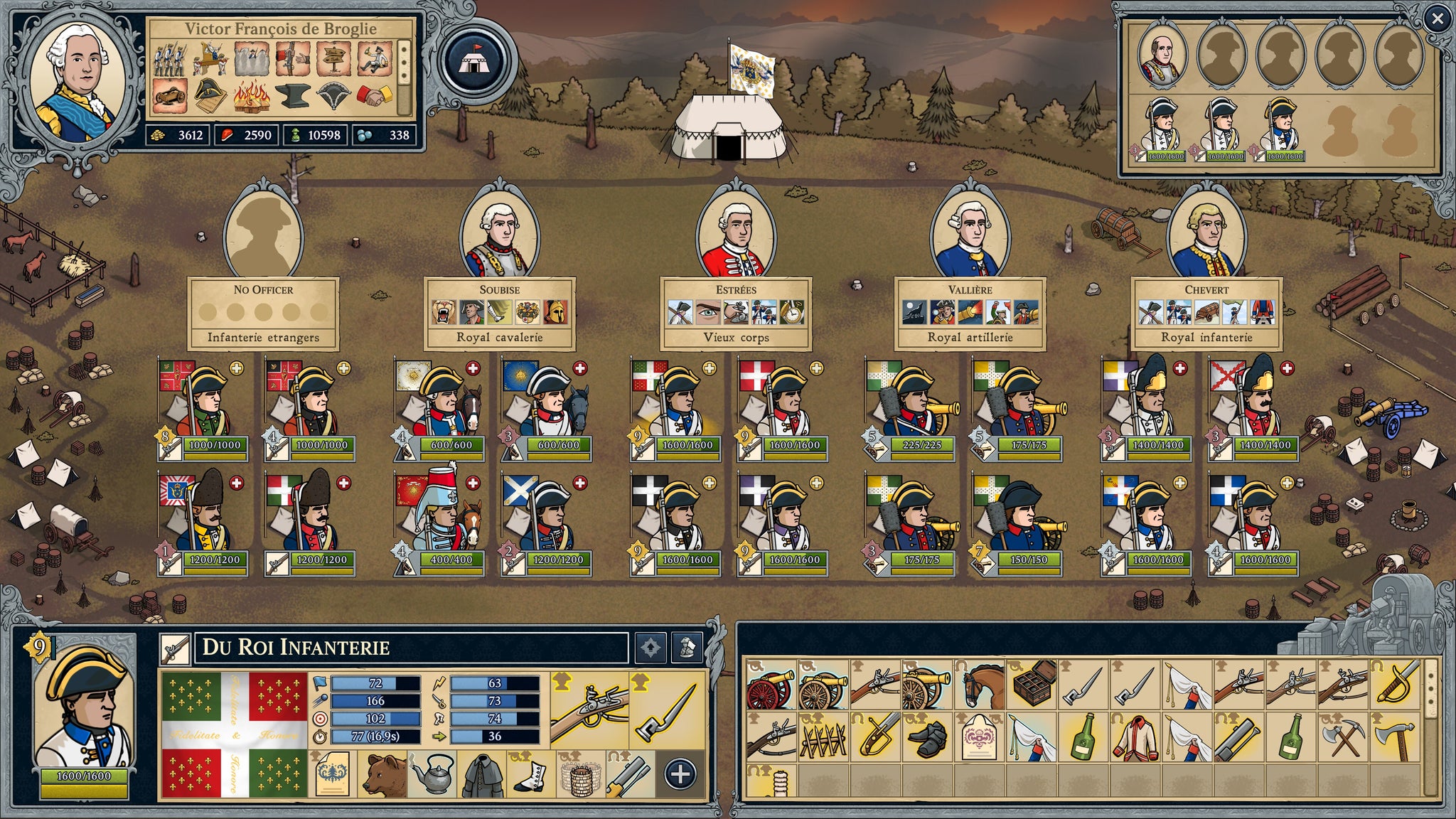 The army camp screen in Master Of Command, showing a full line-up of regiments and officers with their stats and equipment. - 4