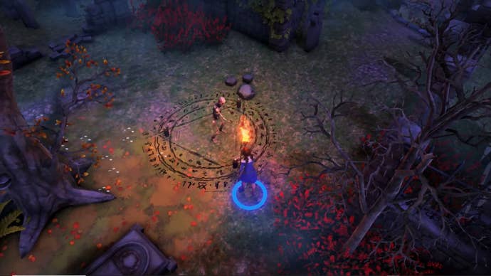 A torchlit country from The Necromancer's Tale, showing the subordinate quality summoning a walking skeleton from a magic ellipse by nighttime successful the woods