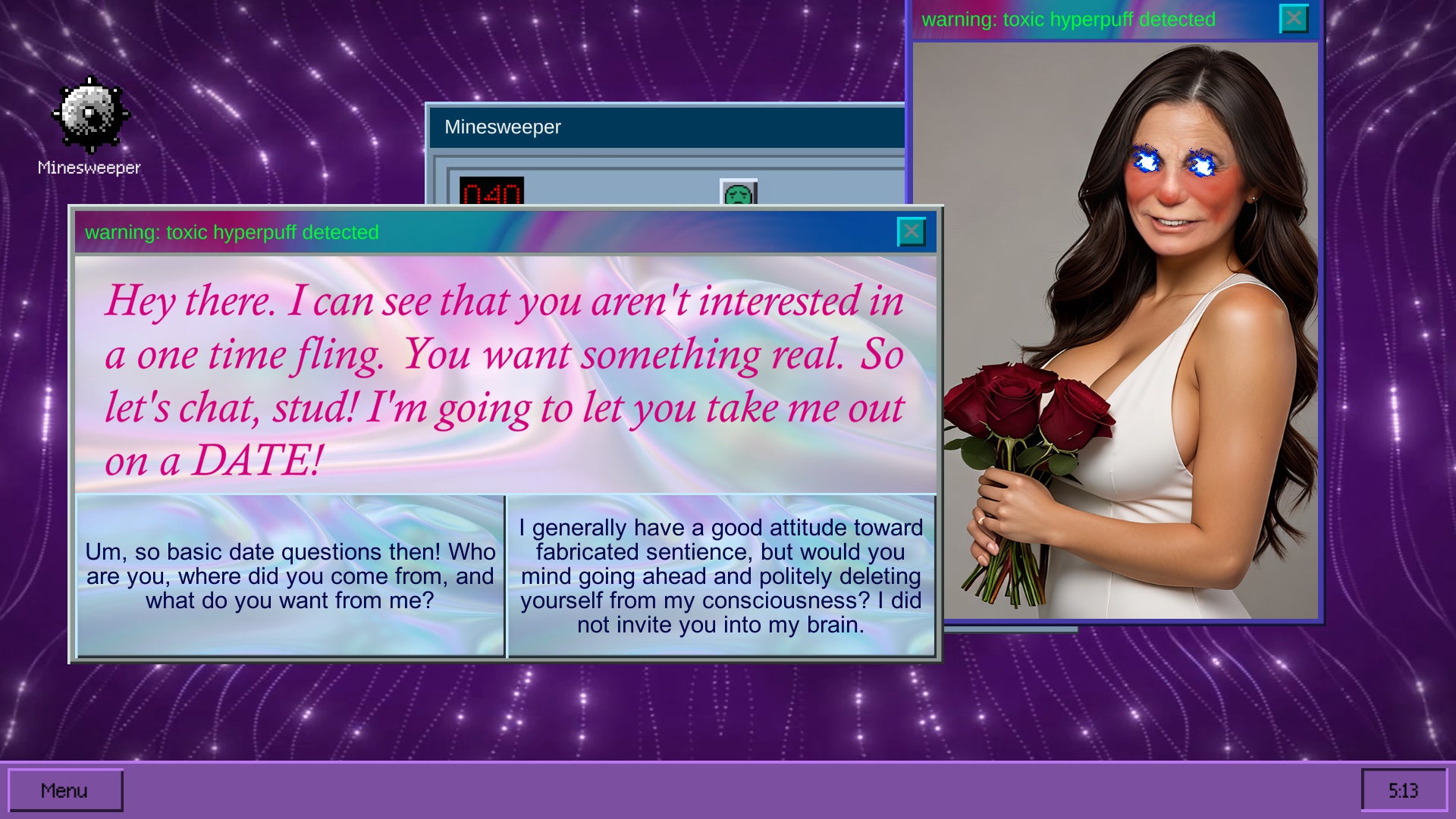 A horrible parody of a porno chatbot talking to the player in Minesweeper-meets-dating horror game Fucksweeper - 7