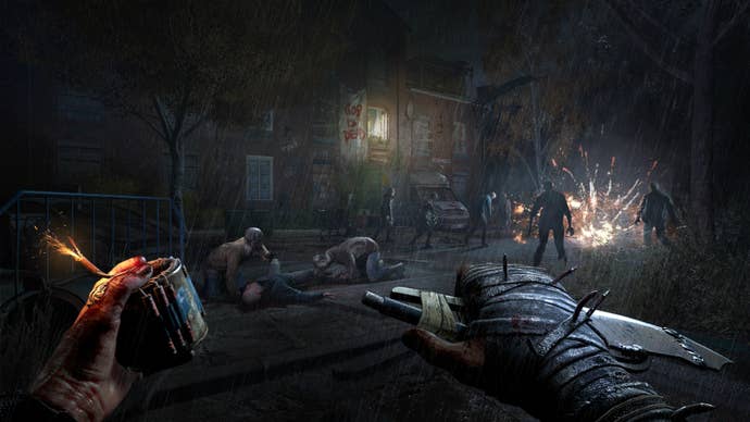 The Beast, with the subordinate creeping past zombies distracted by a thrown explosive device.