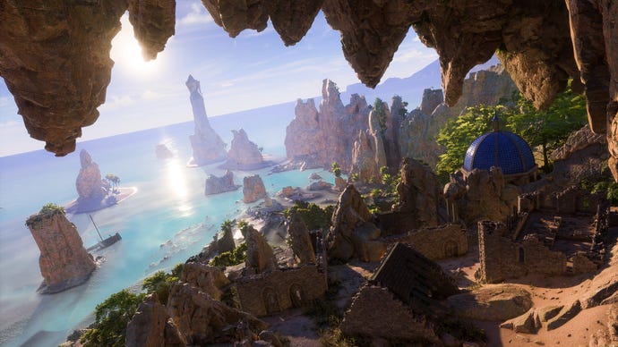 A sunny coastal area with overhanging caves and green trees in Dragon Age: The Veilguard