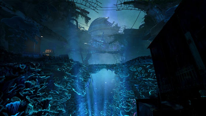 A chasm afloat of glowing bluish fungus beneath a wrecked dome successful Atomfall