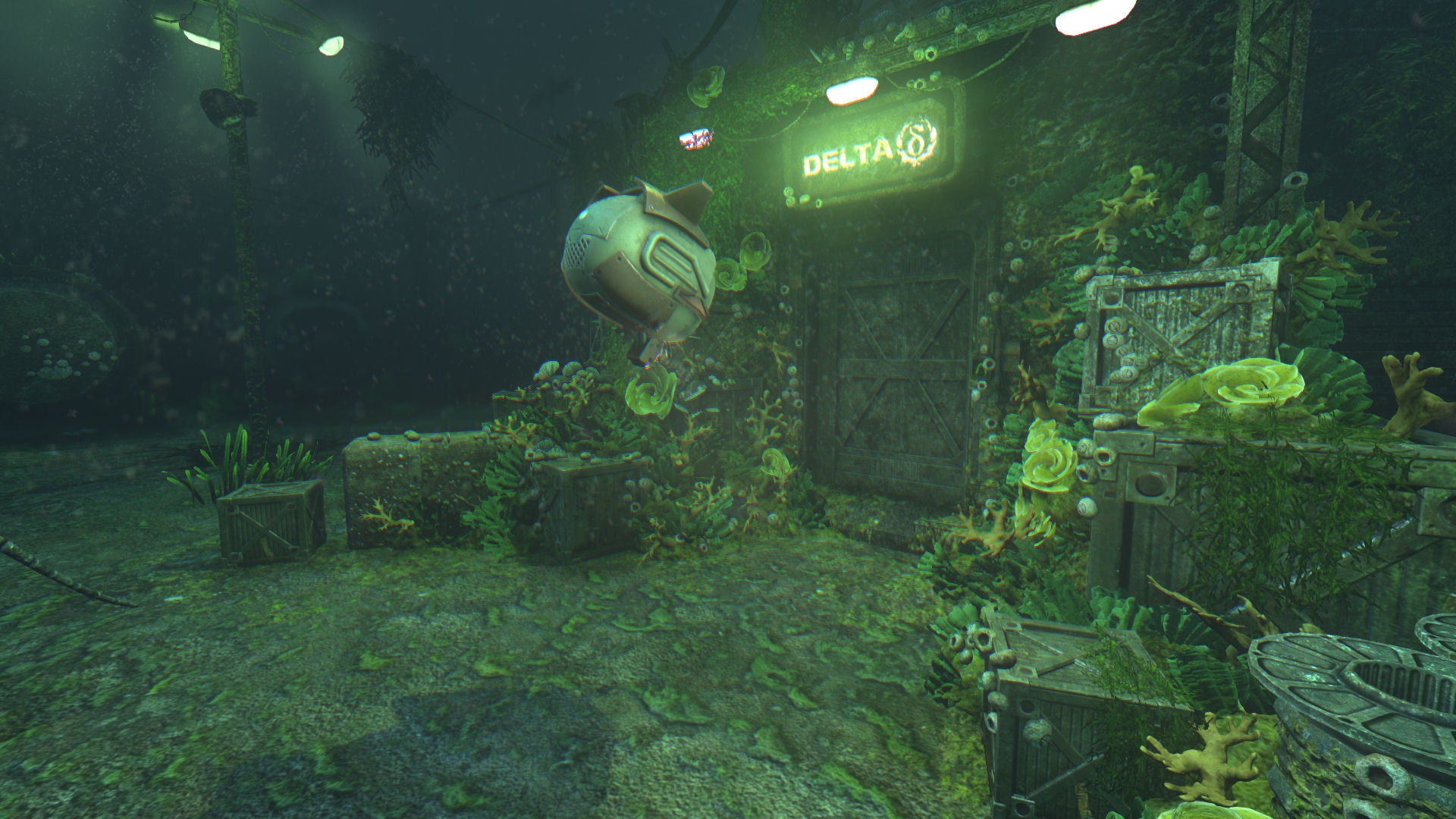 A ball-shaped aquatic robot approaching an ocean bunker overgrown by coral and weeds with "Delta" on the door in glowing green letters, from the horror game SOMA.