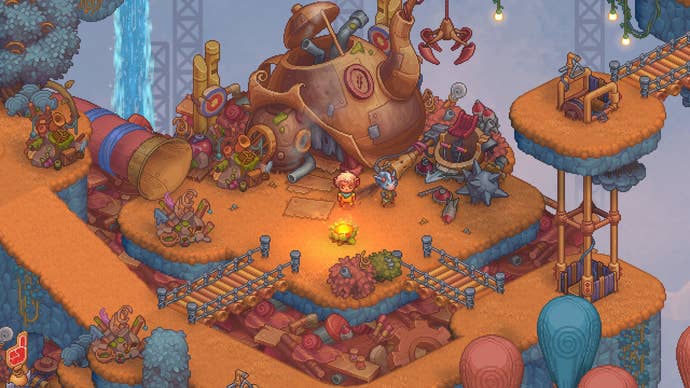 Two Yordles stand in a mechanical camp in Bandle Tale: A League Of Legends Story