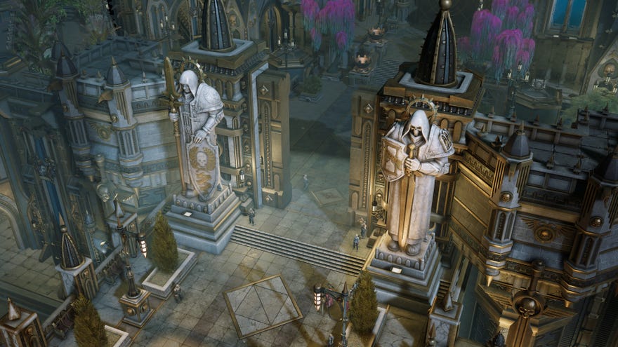 A scene of an Imperial city with huge stone statues from Owlcat's CRPG Warhammer 40,000: Rogue Trader