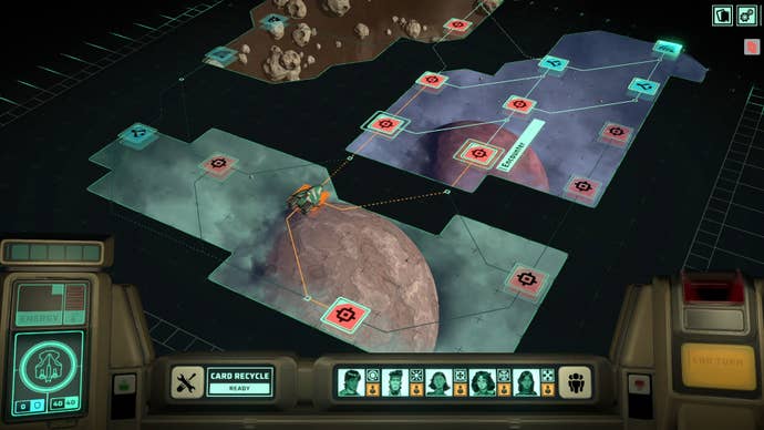 The campaign map screen in Earthless, showing the player plotting a course between regions.