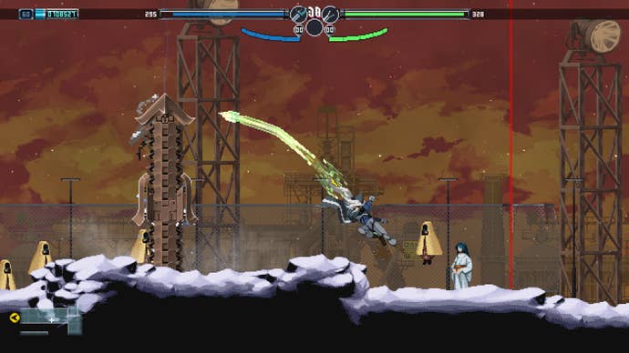 A cyberpunk demon hunter dive kicking earthbound monsters in 2D metroidvania Blade Chimera