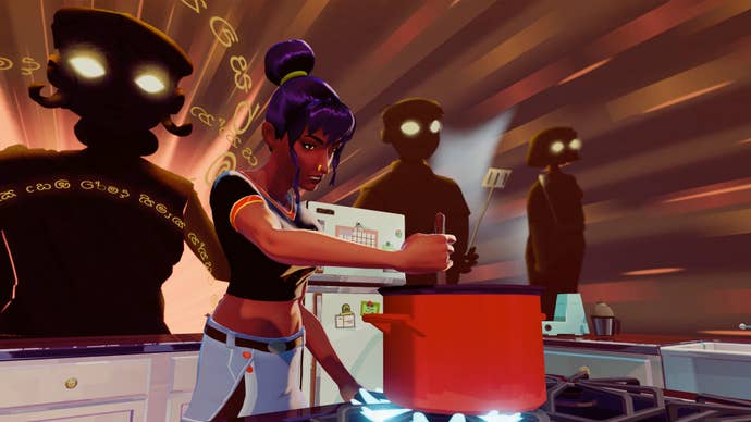 Thirsty Suitors main character Jala stirring a pot in one of the game’s fantastical cooking sequences.