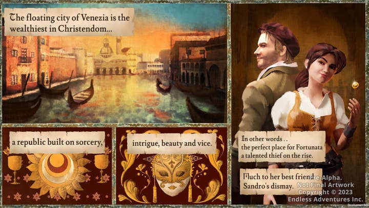 A comic detailing the setting of Tales of Fortunata: "The floating city of Venezia is the wealthiest in Christendom... a republic built on sorcery, intrigue, beauty, and vice. In other words, the perfect place for Fortunata, a talented thief on the rise. Must to her best friend Sandro's dismay." The comic shows a picture of the canals of Venice, and one of Fortunata and Sandro