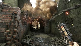 A player aiming a spiked grenade type device at another in a brick passageway in Hunt: Showdown