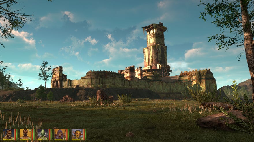 A tower viewed from a distance in Archaelund from 4 Dimension Games against a lovely blue sky