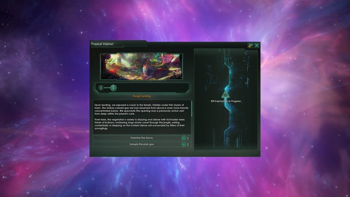 A screenshot of the Stellaris Astral Rift DLC, showing a story window describing a journey through a rift