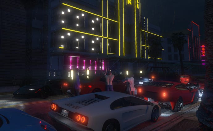 A achromatic car driving past a neon nightclub amidst different postulation and pedestrain crowds, from the GTA 6 Project Vice mod for GTA 5.