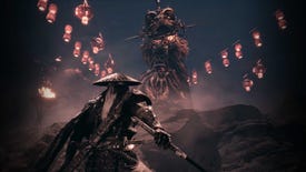 Soul, the protagonist of Phantom Blade Zero, approaching a giant leonine figure with glowing paper lanterns forming lines to either side