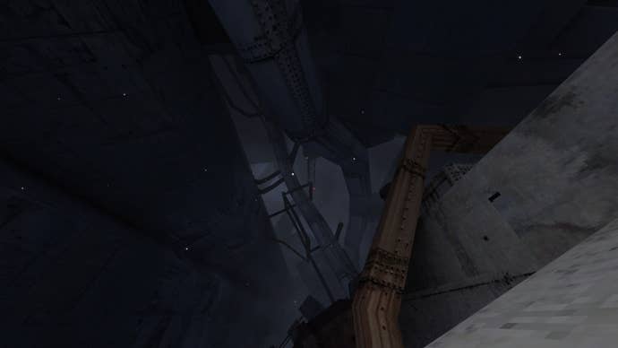A view of a misty chasm of girders in Lorn’s Lure